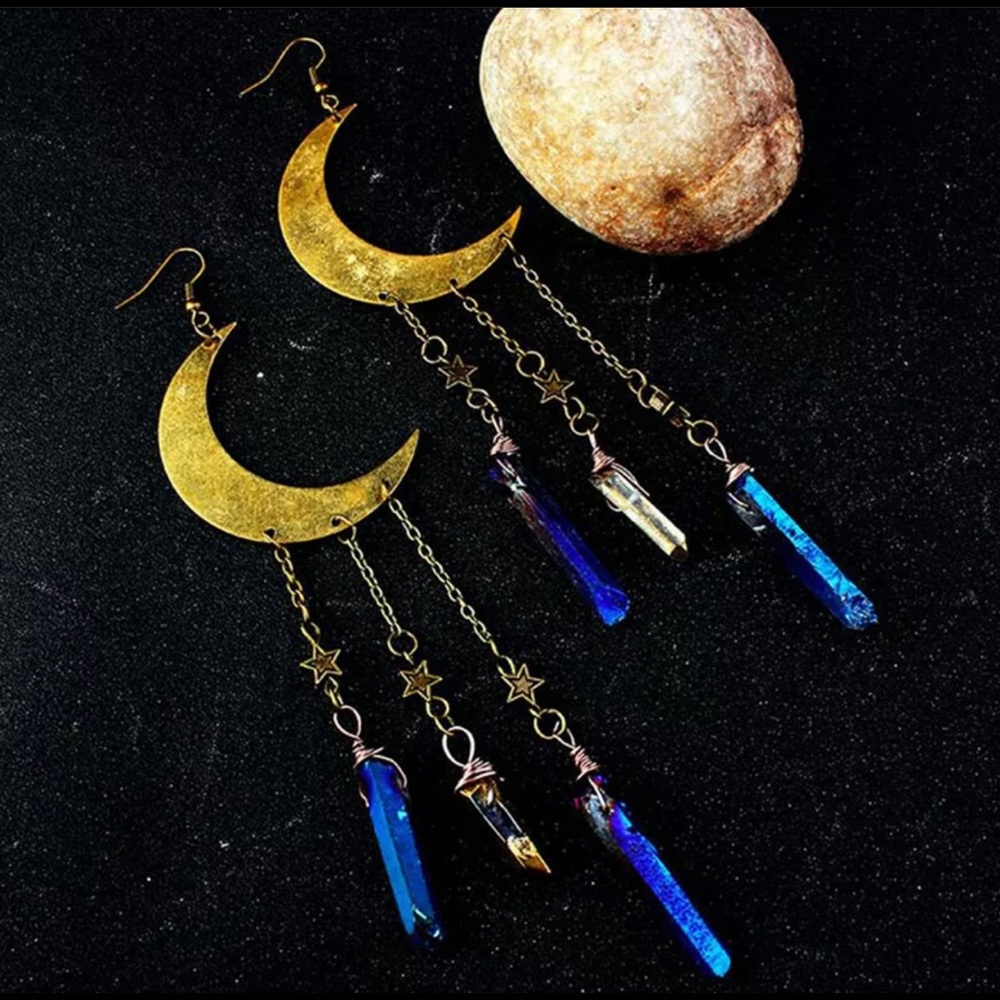 Gold moon oil slick quartz dangle earrings